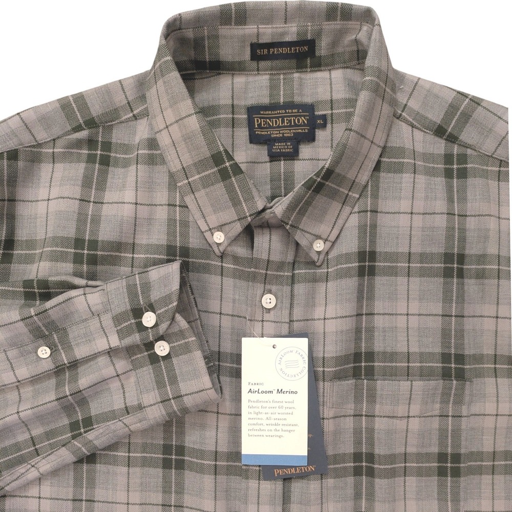 Pendleton Sir Pendleton AirLoom Merino Wool Plaid Shirt Mens XL Gray Green Cabin